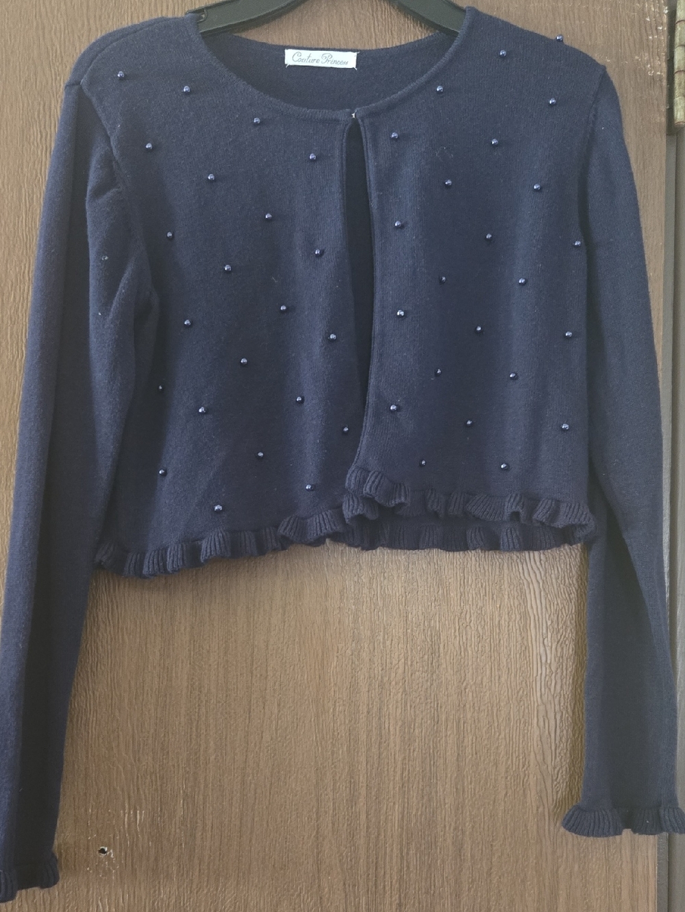 Couture Princess Navy Pearl-Embellished Cropped Knit Cardigan